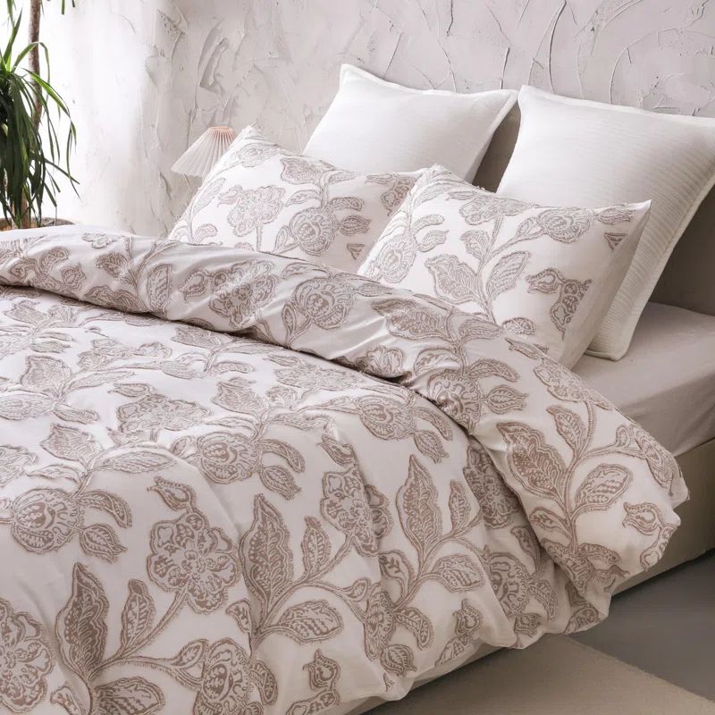Twin Khaki Cotton Jacquard Floral Duvet Cover Set
