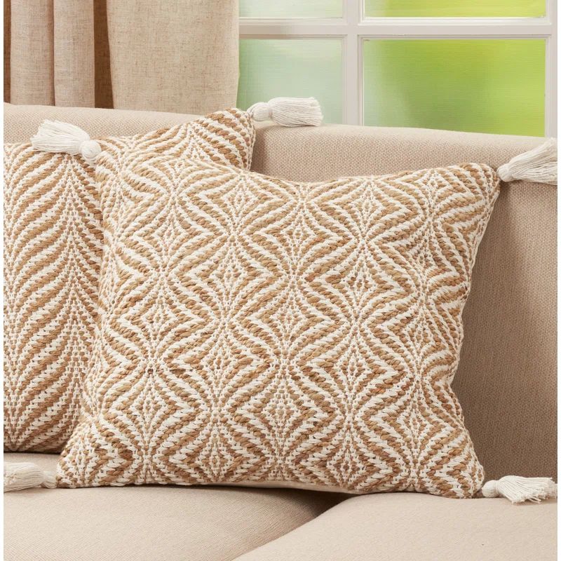 Natural Jute and Cotton Woven Throw Pillow with Tassels, 20" Square