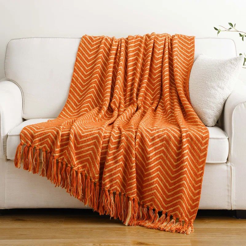 Orange Knitted Reversible Chenille Throw Blanket with Fringe, 50"x60"