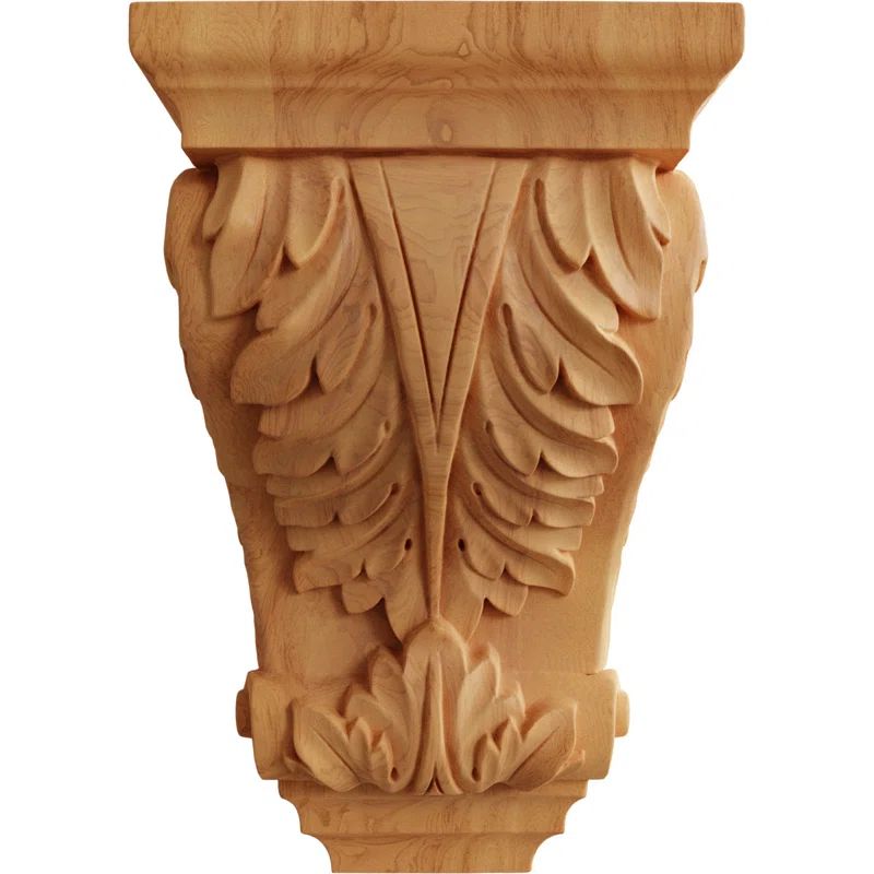 Hand-Carved Red Oak Acanthus Wood Corbel, 4.25" Height