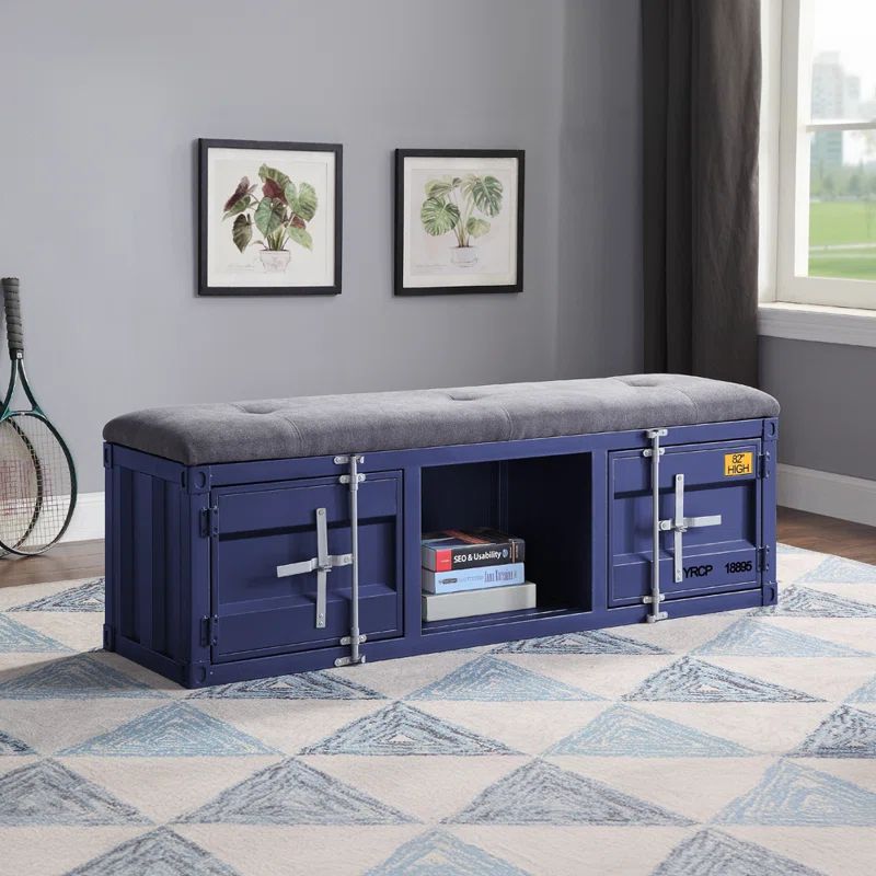 Blue Metal Storage Bench with Gray Fabric Seat