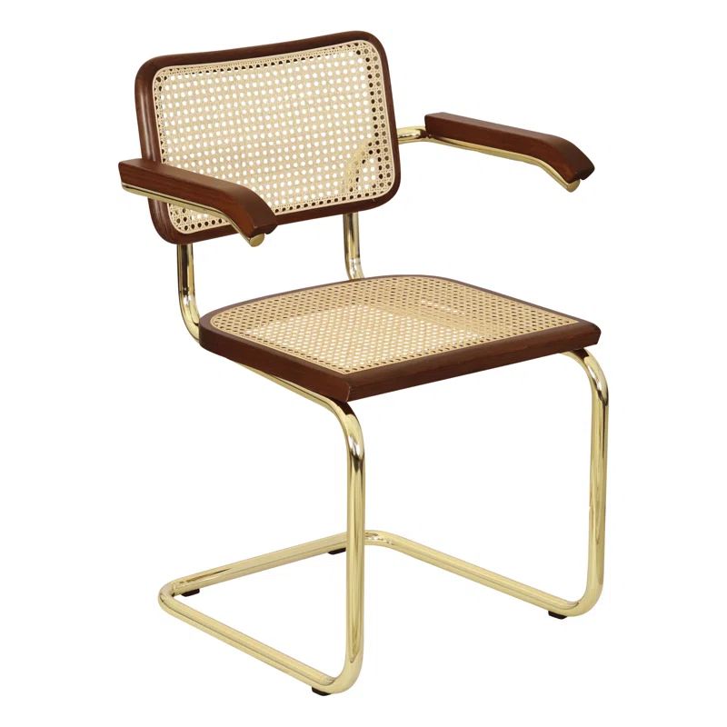Walnut and Natural Cane Brass Steel Accent Chair