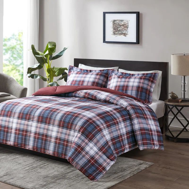 Full Red Plaid Microfiber Reversible Bedspread Set