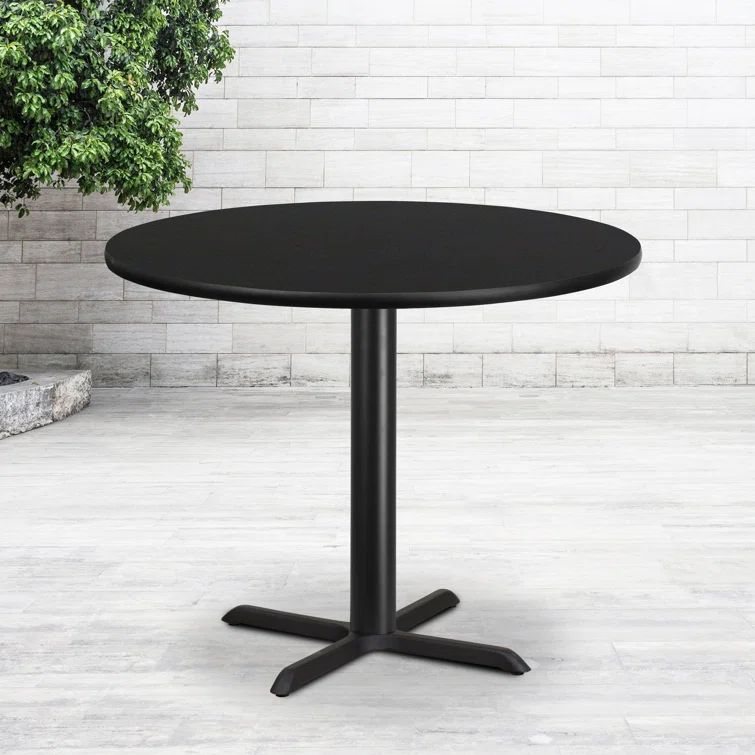 Black Round Laminate Dining Table with Metal Base, 42-inch
