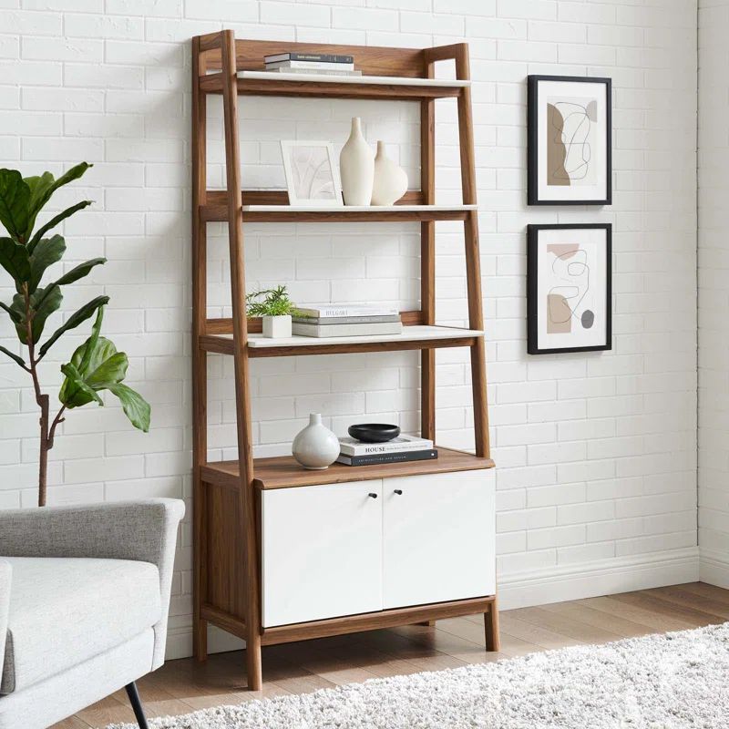 Walnut White 71" Tall Ladder Bookshelf with Concealed Storage