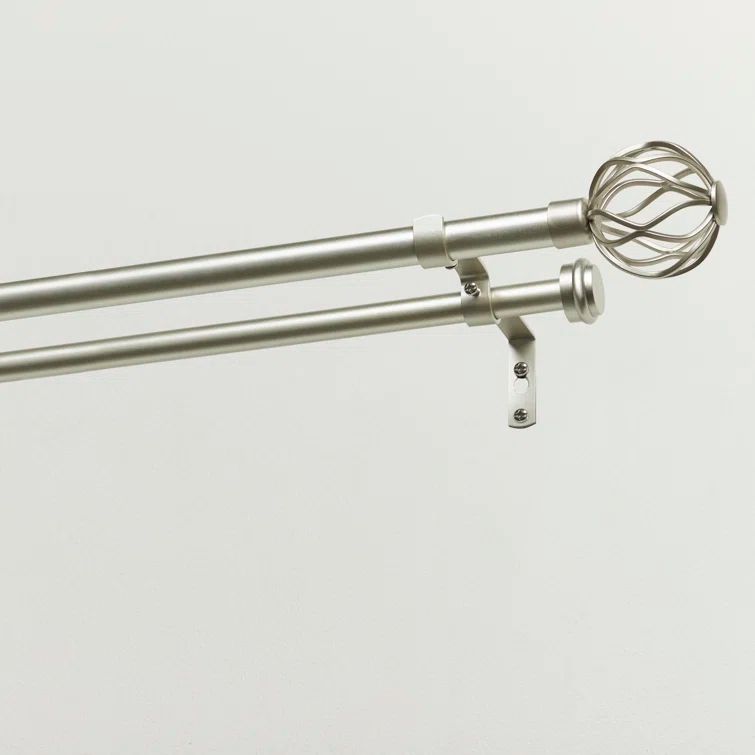 Matte Silver Double Curtain Rod with Wavy Sphere Finials