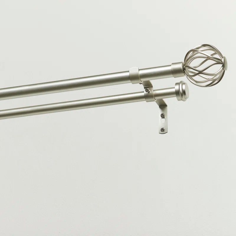 Matte Silver Double Curtain Rod with Wavy Sphere Finials