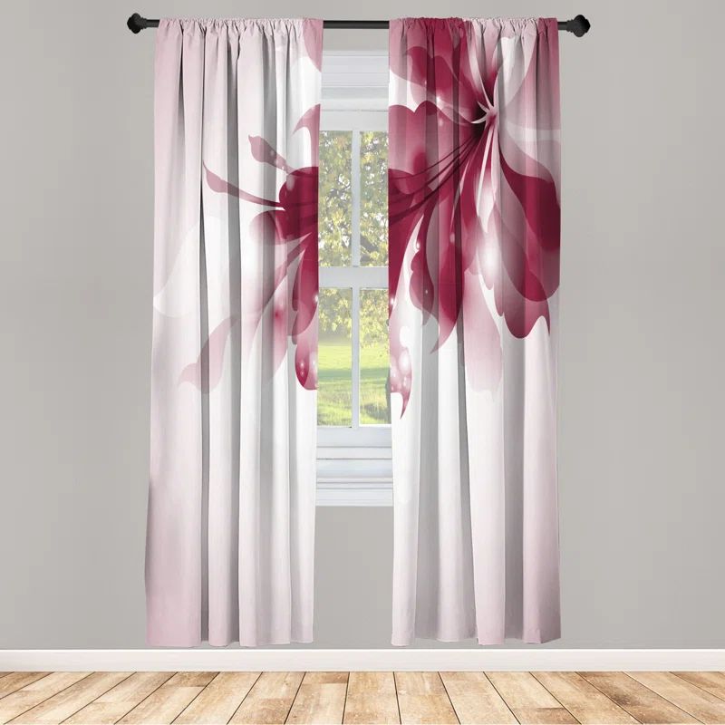 Light Red and White Floral Microfiber Rod Pocket Curtain Panels, 28" x 95"