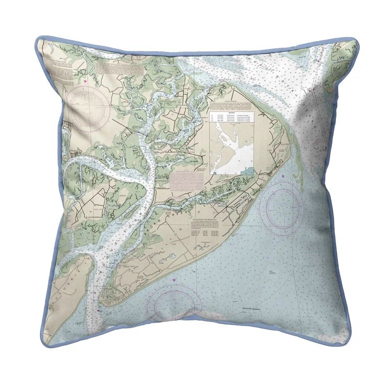 Hilton Head Nautical Map Blue and Beige Corded Pillow