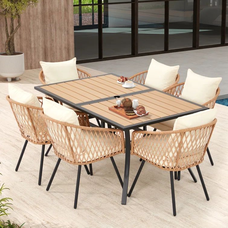 7-Piece Beige Rattan and Metal Outdoor Dining Set with Umbrella Hole