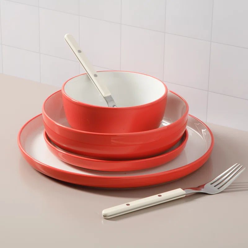 Red and White Porcelain Dinnerware Set - Service for 4