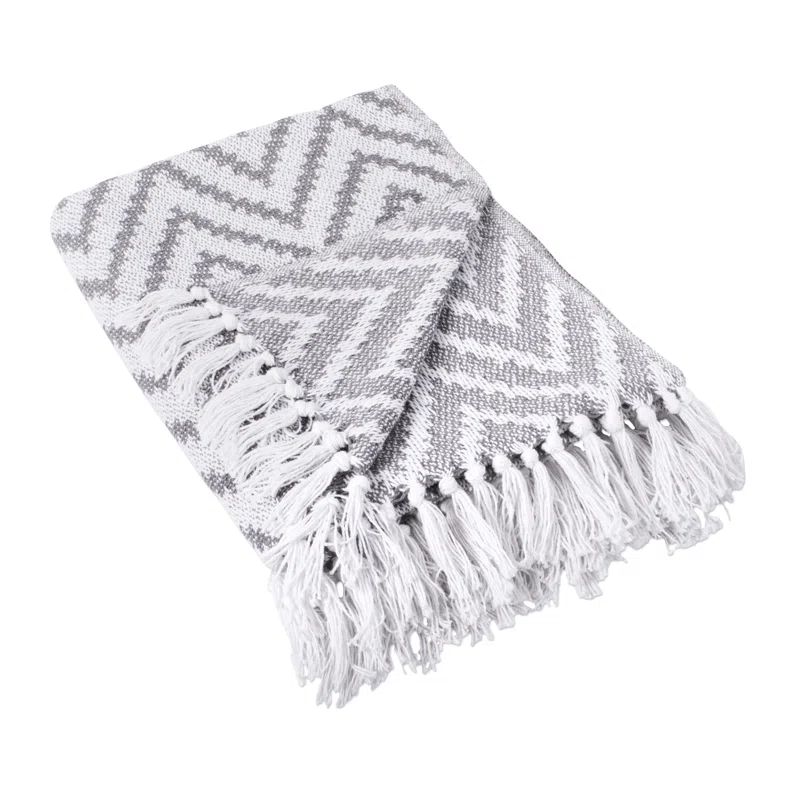 Gray Chevron Cotton Throw Blanket with Fringe, 50 x 60 Inches