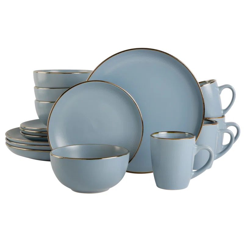 Matte Blue Ceramic Stoneware Dinnerware Set with Gold Rim, Service for 4