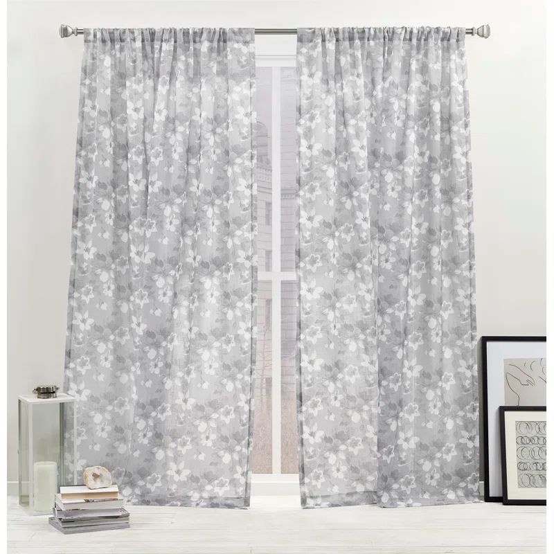 Gray Floral Light-Filtering Polyester Rod Pocket Curtain Panels