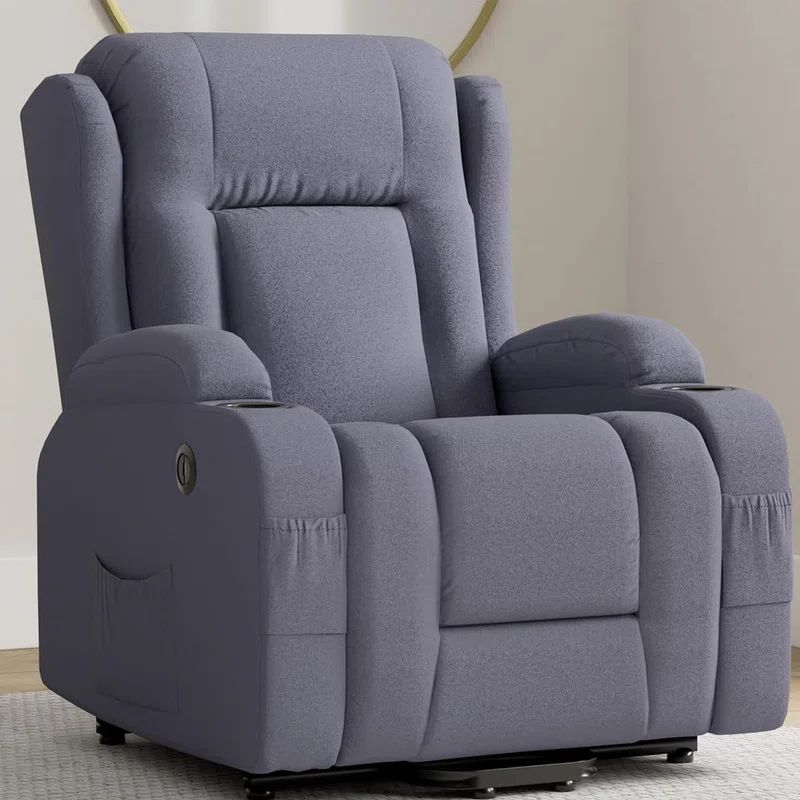 Blue Linen Power Lift Recliner with Massage and Heat