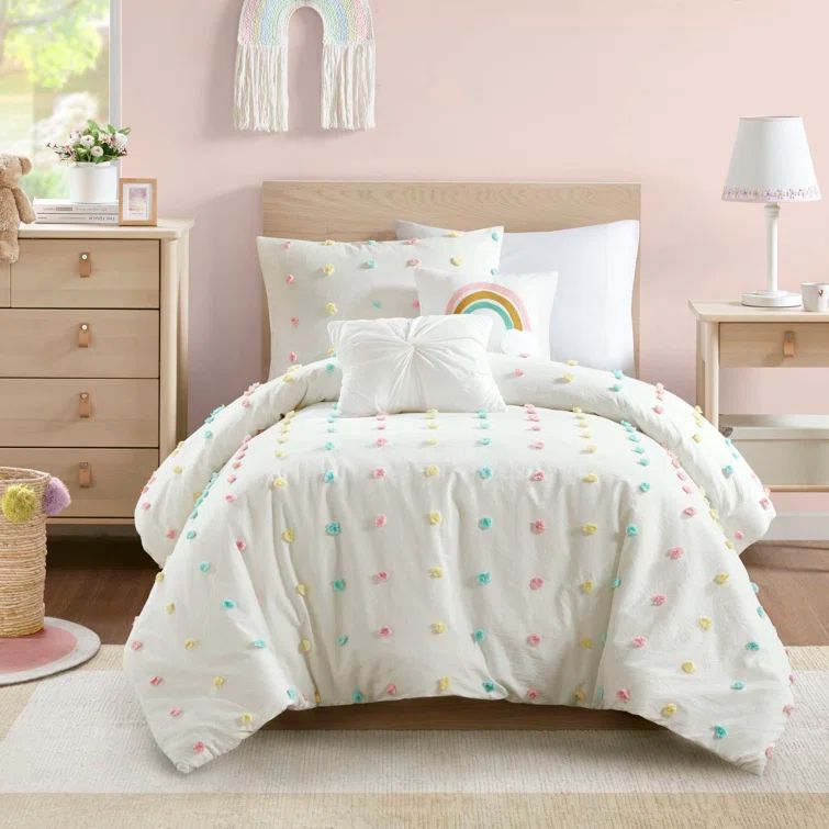 Cozy Cotton Twin Pom Pom Kids' Quilt Set in White
