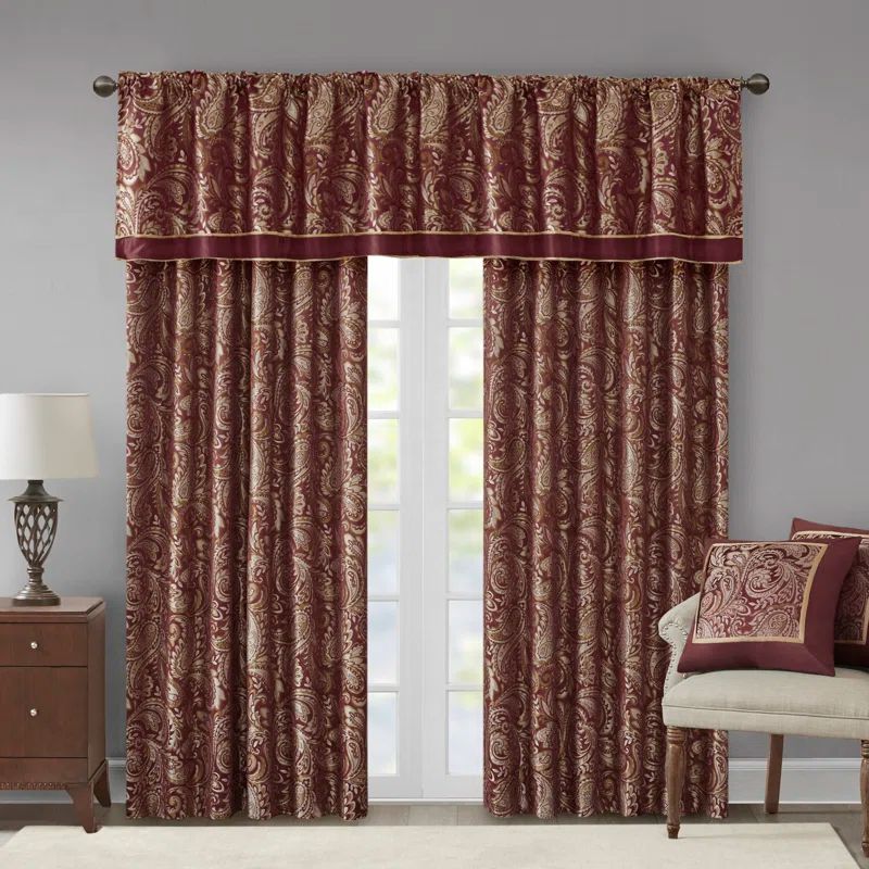 Navy Faux Silk Jacquard Rod Pocket Valance