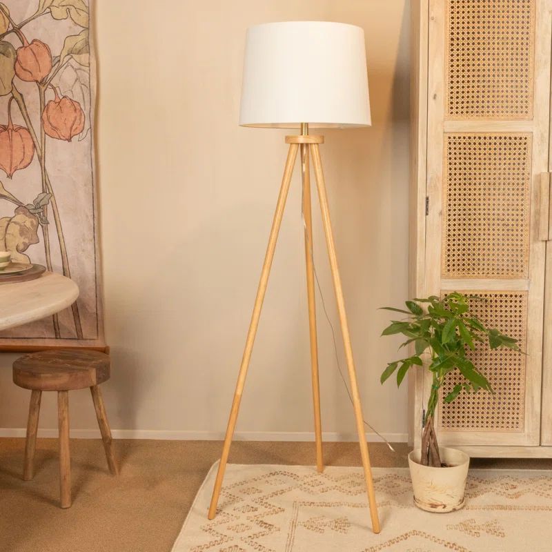 Natural Wood Tripod Floor Lamp with White Linen Shade