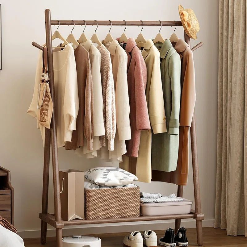 Walnut Rubberwood Portable Clothes Rack with Shelf and Hooks