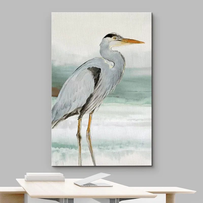 Modern Geometric Framed Canvas Art with Crane Bird in Pastel Colors