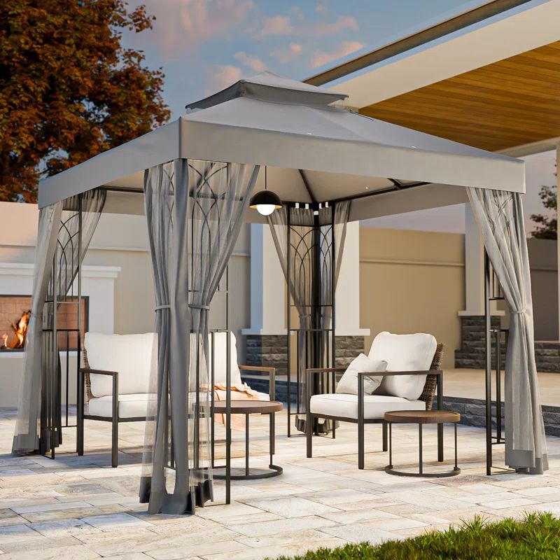 Gray 8x8 Metal Frame Patio Gazebo with Mesh Netting and Shelves