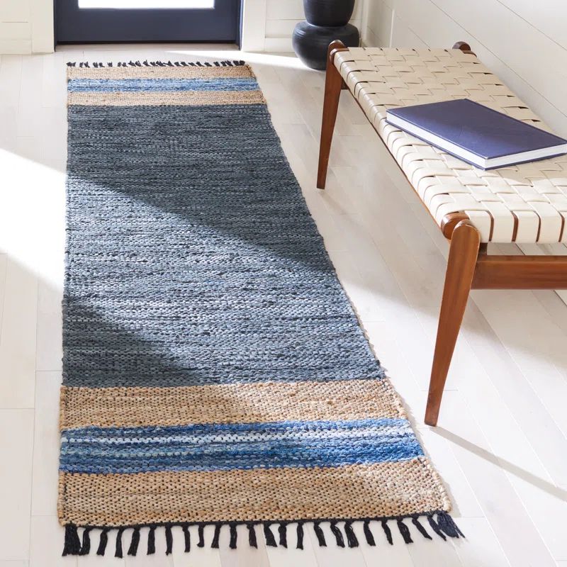 Blue and Natural Flatweave Cotton Cowhide Runner Rug
