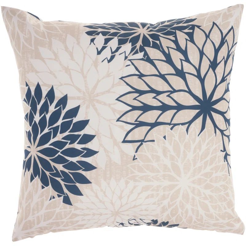 Ivory and Navy Floral Square Outdoor Throw Pillow