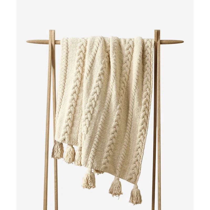 Sahara Tan Knitted Throw Blanket with Braided Pom Poms