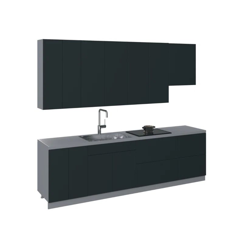 Contemporary Black Gloss MDF Kitchen Cabinet Set, 9.5ft Wide
