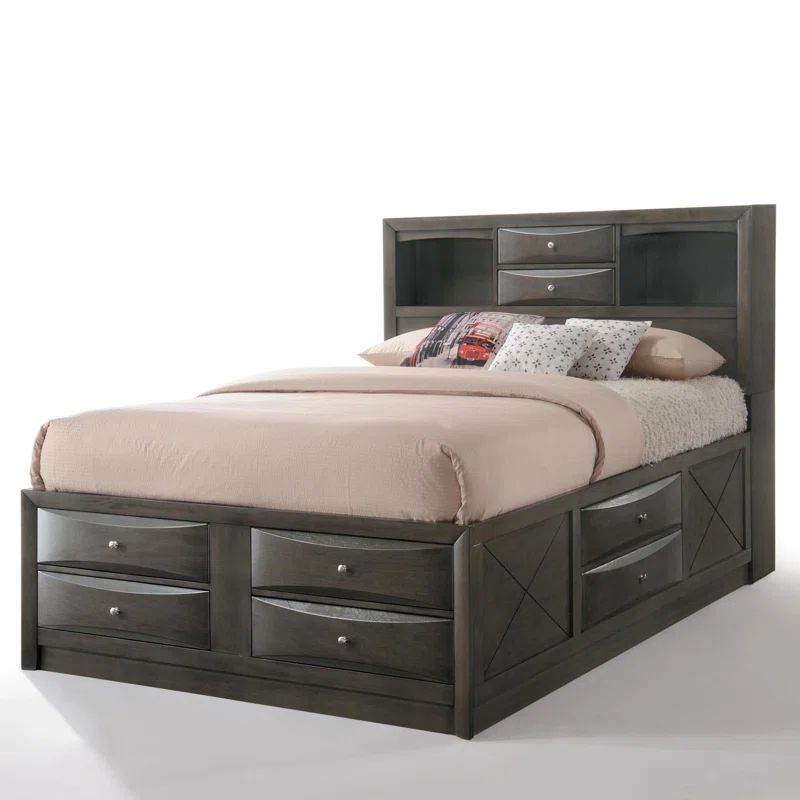 Gray Oak Full Double Captain's Bed with Bookcase and Storage