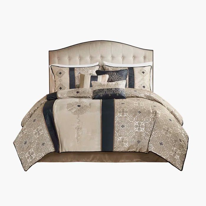 California King Black Jacquard 7-Piece Comforter Set with Embroidered Shams