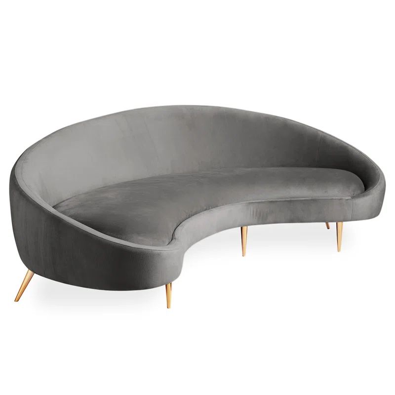 Bergamo Azure Velvet Ether Curved Sofa with Polished Brass Legs