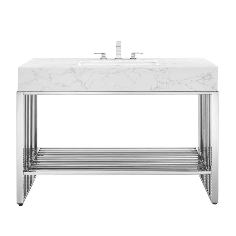 Silver Stainless Steel 48" Freestanding Bathroom Vanity with Artificial Marble Sink