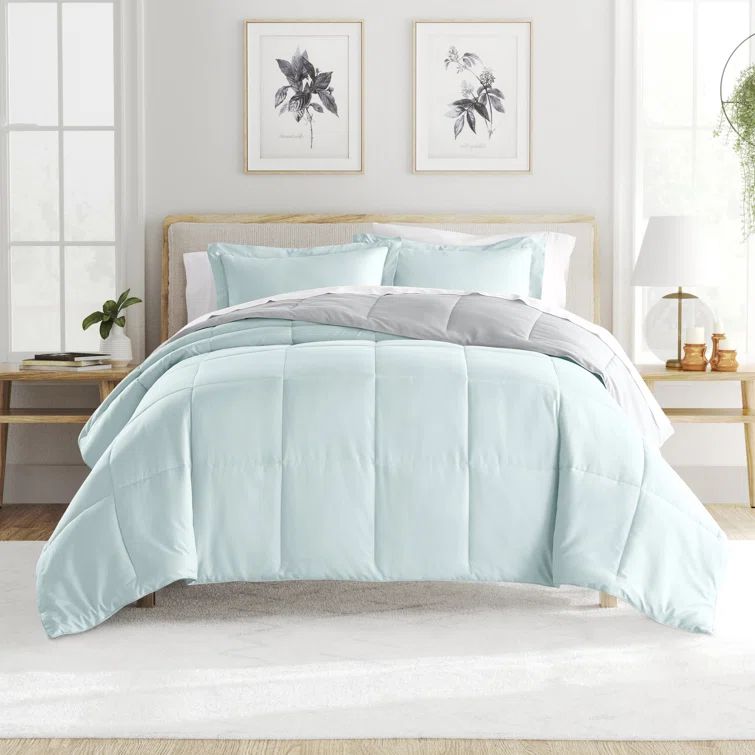 Aqua and Light Gray King Reversible Down Alternative Comforter Set