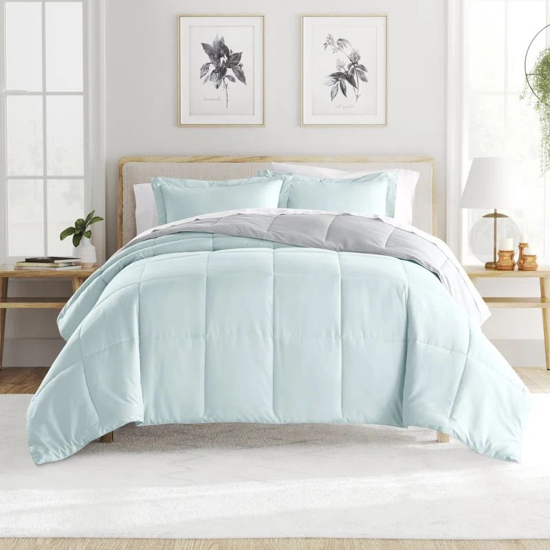 Aqua and Light Gray King Reversible Down Alternative Comforter Set