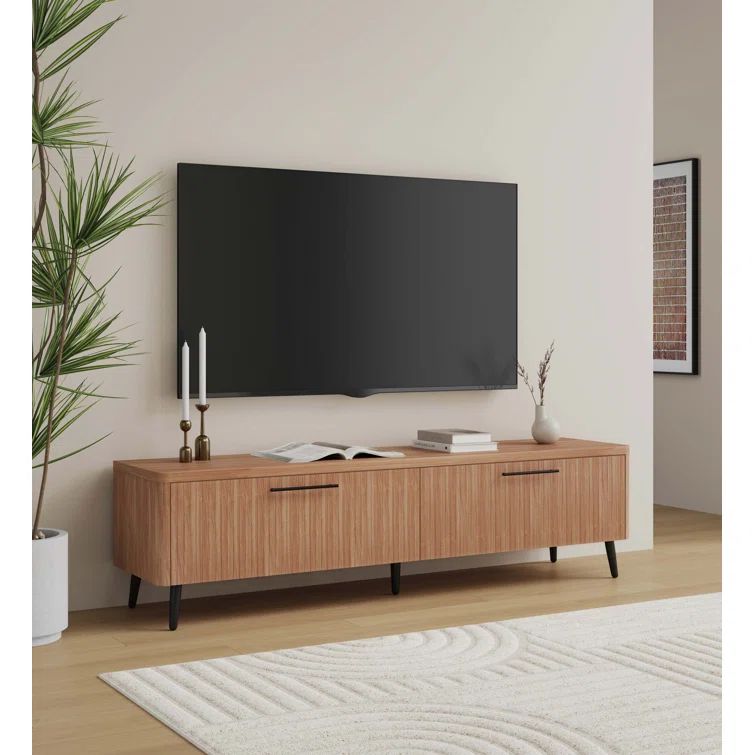 Maple Wood Mid-Century Modern TV Stand with Black Metal Legs