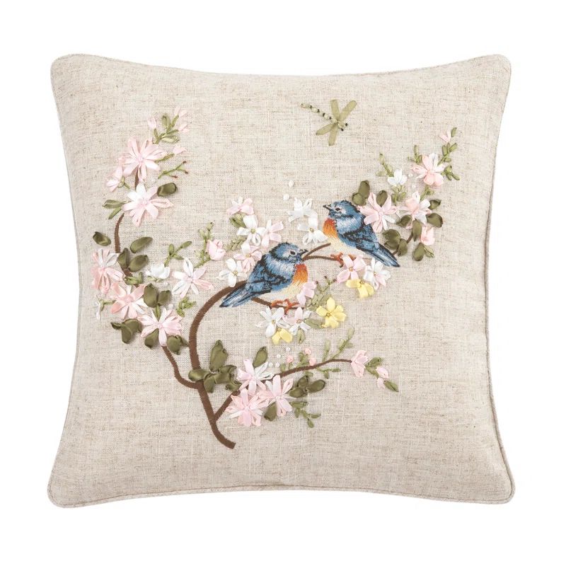 16" Beige Linen Embroidered Bluebird Floral Square Pillow