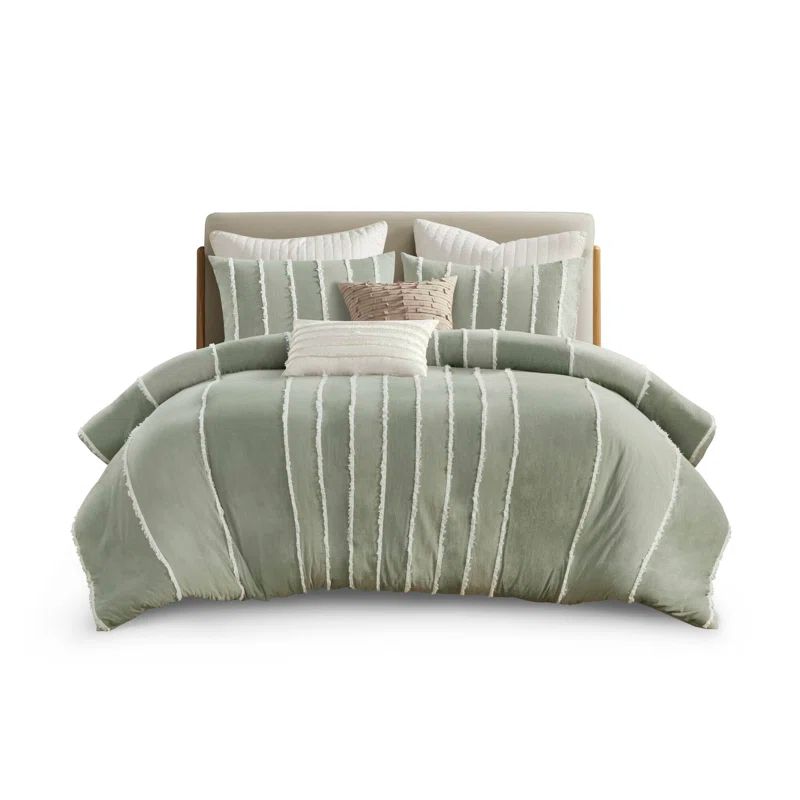 Sage Green Cotton Striped King Duvet Cover Set