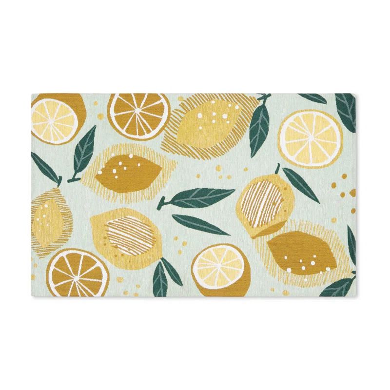 Livie Seafoam Green Lemon Print Washable Kitchen Runner Rug