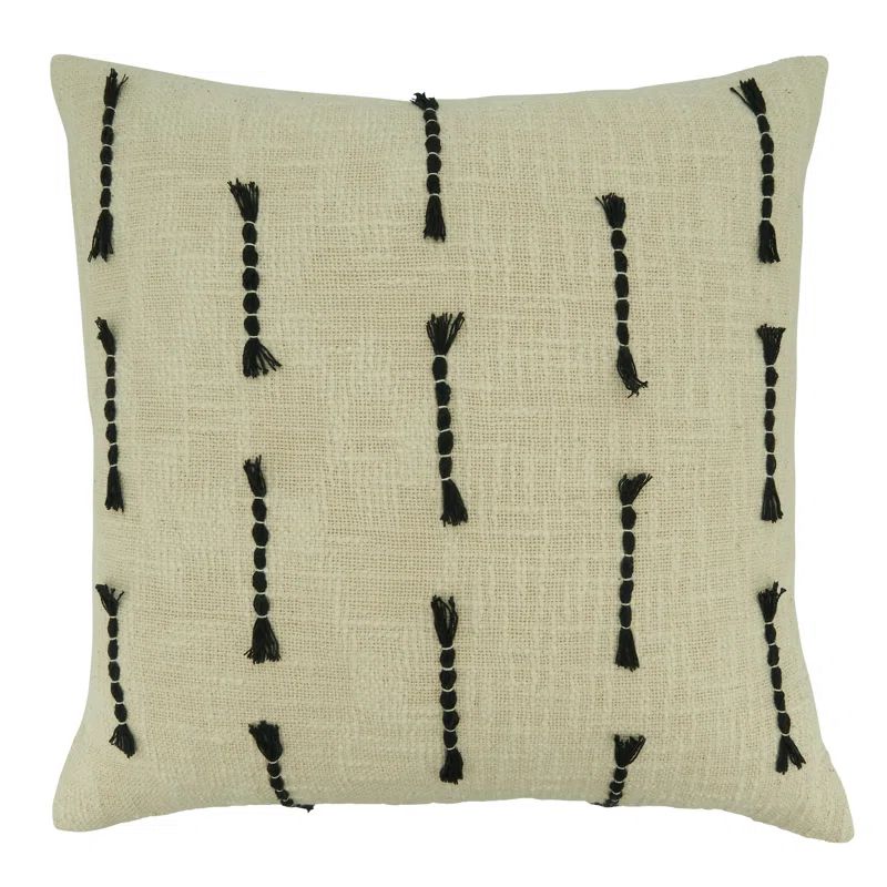 Beige Cotton Throw Pillow with Black Frayed Stitch Design
