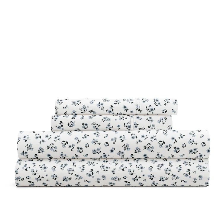 California King Blue Fog Floral Microfiber Sheet Set
