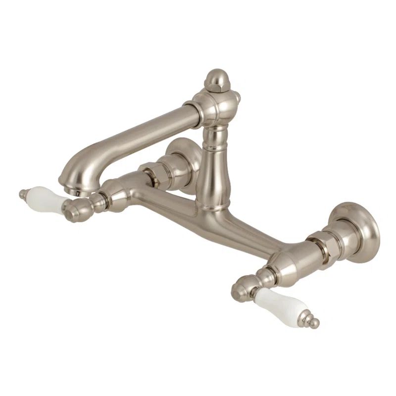 Brushed Nickel Wall Mounted Bathroom Faucet with Porcelain Handles