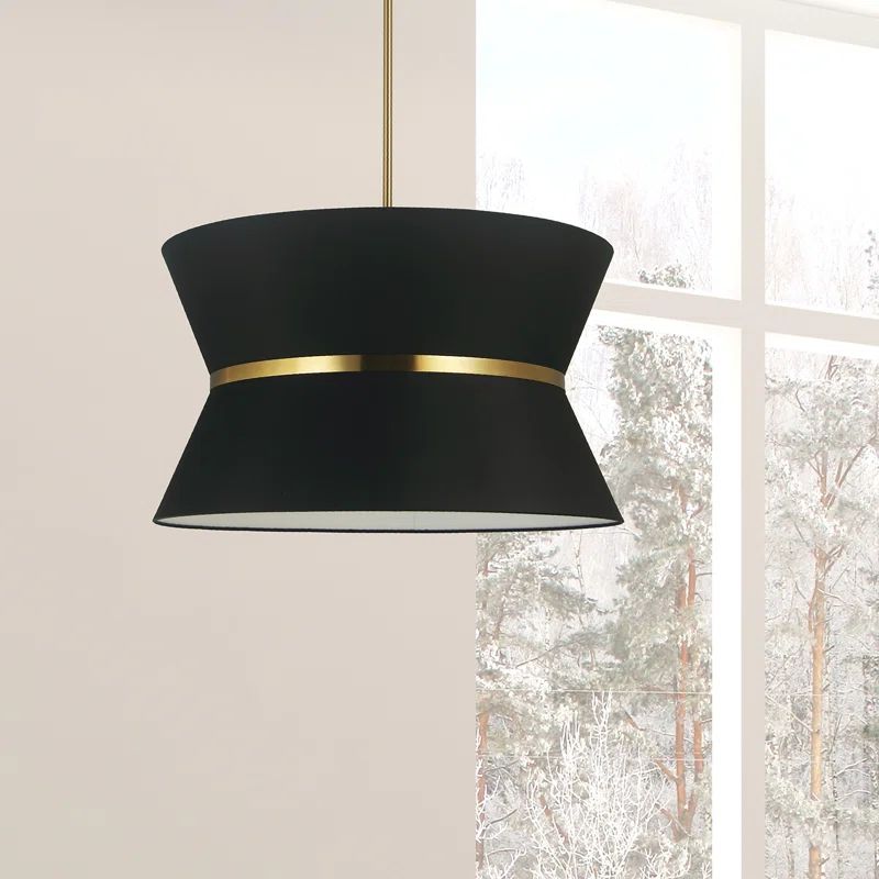 Aged Brass Drum Pendant Light with Black and Gold Shade