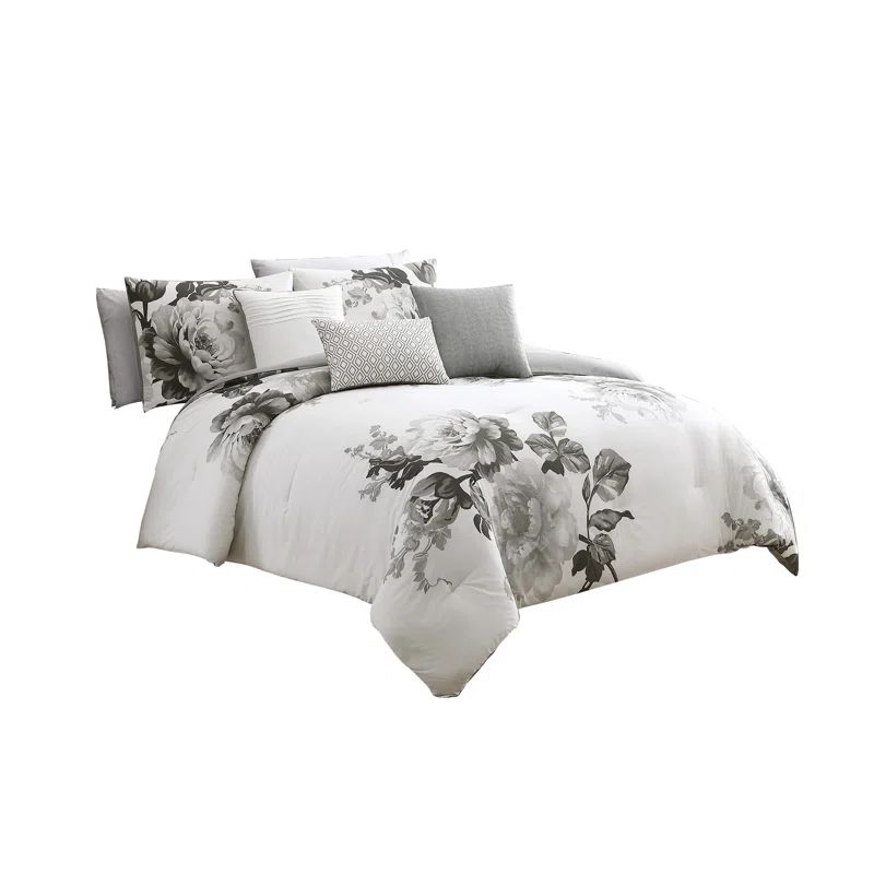 Gray and White Floral Cotton Queen Comforter Set
