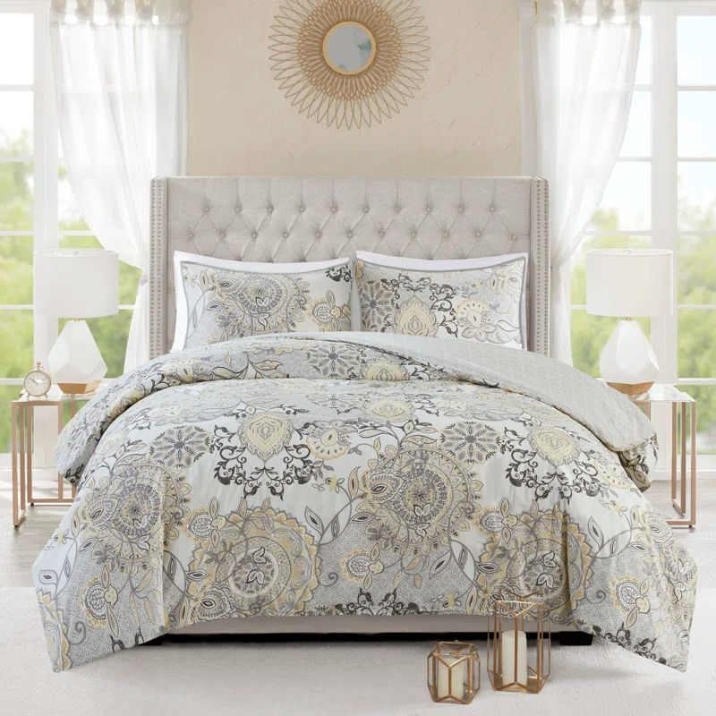 Yellow Full/Queen Cotton Floral Reversible Duvet Cover Set