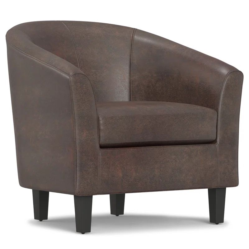 Handcrafted Distressed Brown Faux Leather Barrel Accent Chair