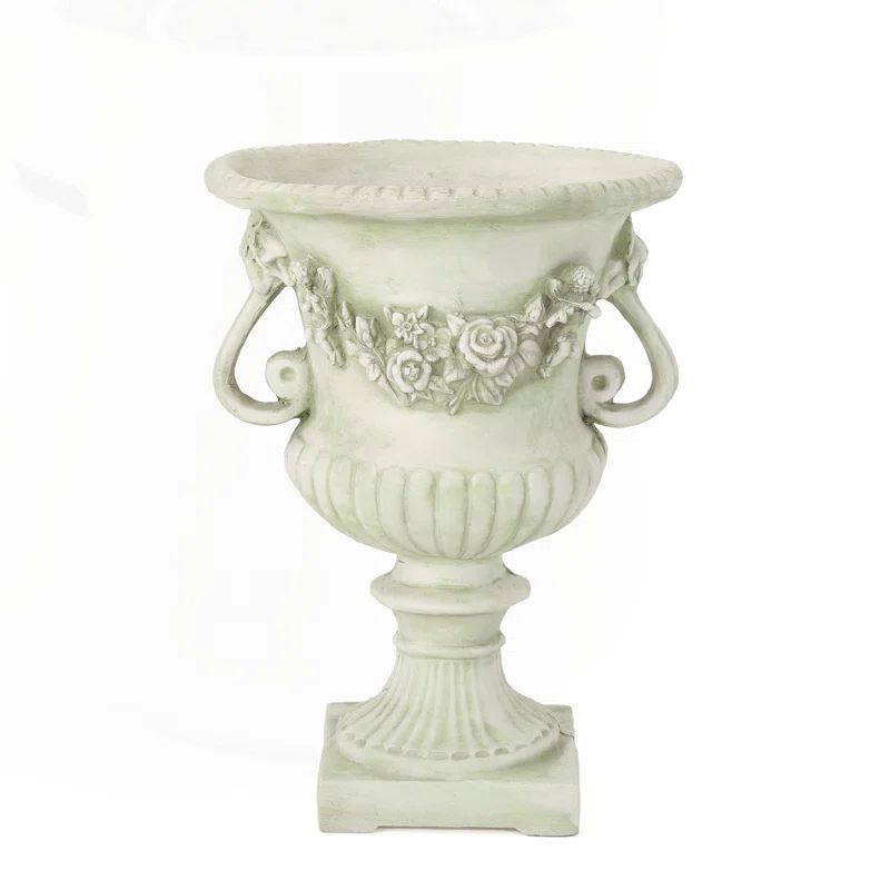 White Moss Lightweight Concrete Garden Urn Planter with Floral Design