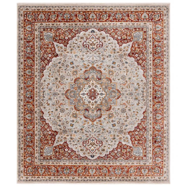 Hand-Knotted Beige and Rust Rectangular Synthetic Rug