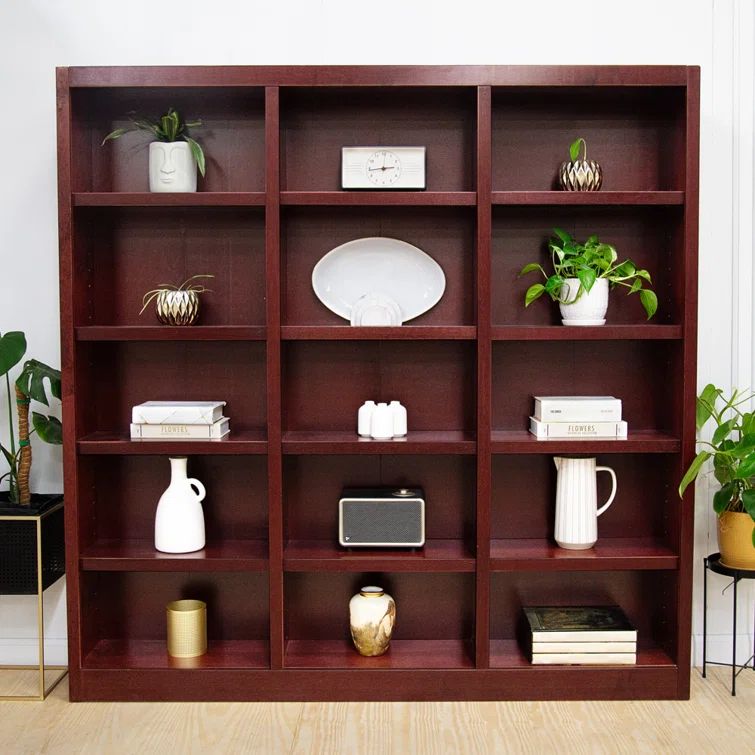 Cherry Finish Triple Wide Adjustable Wood Bookcase, 72 Inch