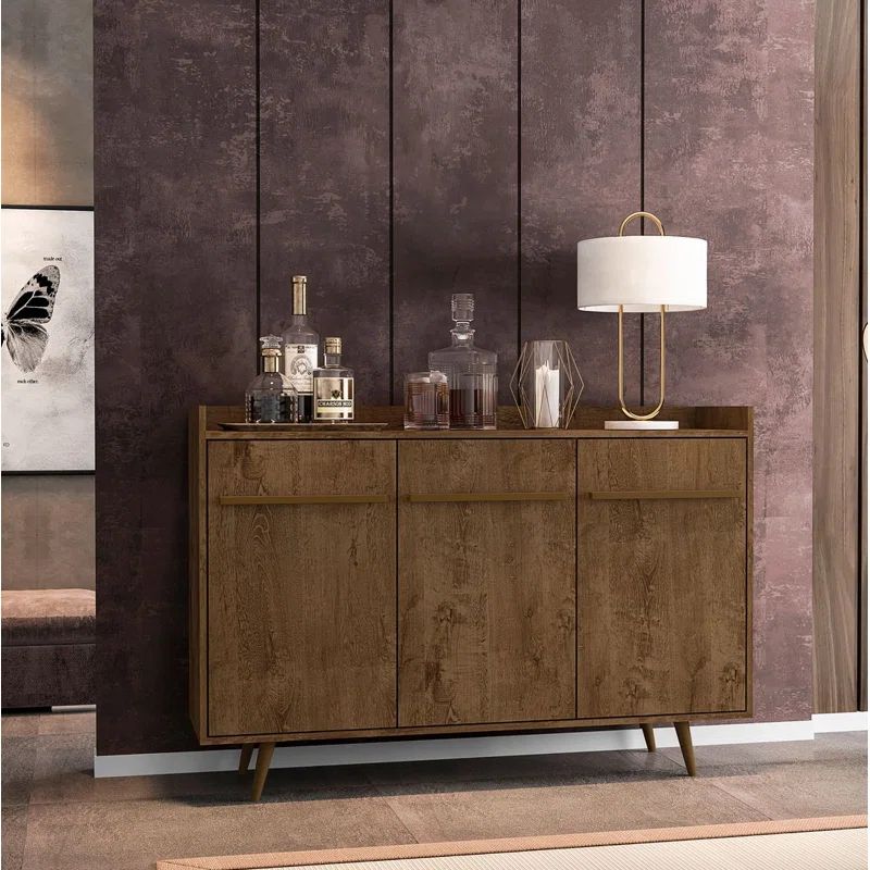 Rustic Brown Mid-Century Modern Buffet Stand with 4 Shelves